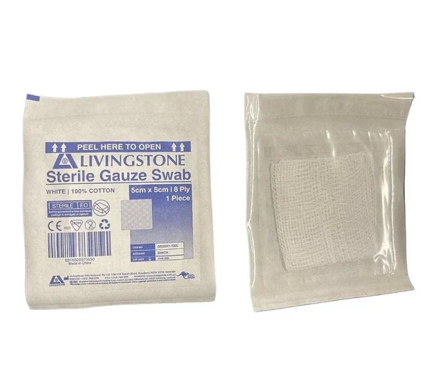 Sterile Gauze Swabs, 5 x 5 cm x 8 ply, White, 100 Percent Cotton, 1 per Pack, 100 Packs per Dispenser Box