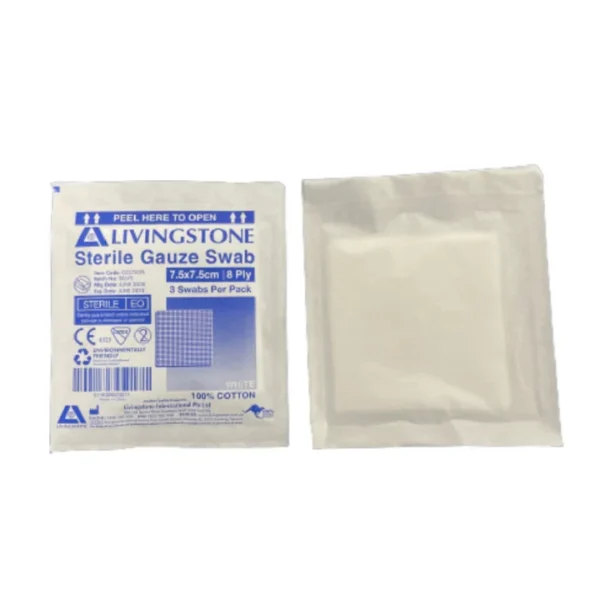 Sterile Gauze Swabs, 7.5 x 7.5 cm x 8 ply, White, 100 Percent Cotton, 3 per Pack, 100 Packs per Dispenser Box