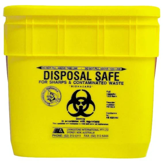 2026-03-01-69a3f680129cf.webp Needles Sharps Waste Collector, 12.5 Litres, with Sliding Lid and Finger Guard, Square, Recyclable Plastic, Yellow, Each - Image 1