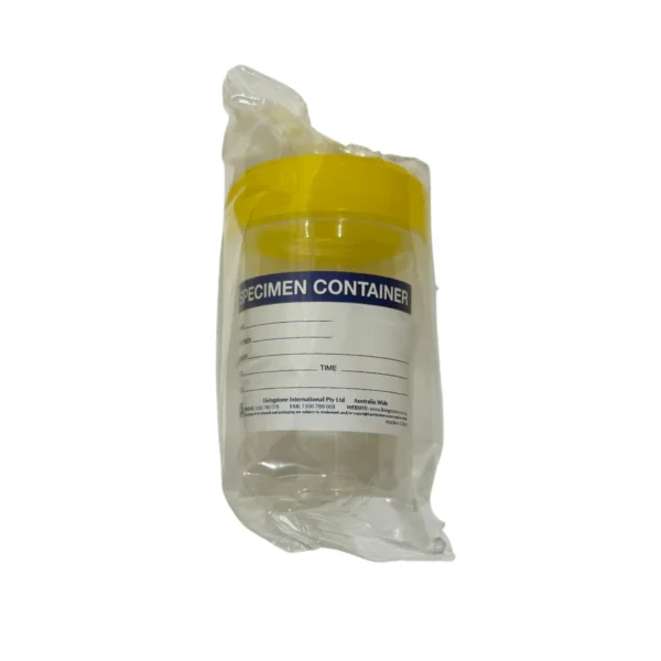 Specimen Container, Urine Jar, 70ml, Yellow PE Screw Cap, Labelled, Recyclable Polypropylene, Sterile Single Wrapped (TP5744SLN)