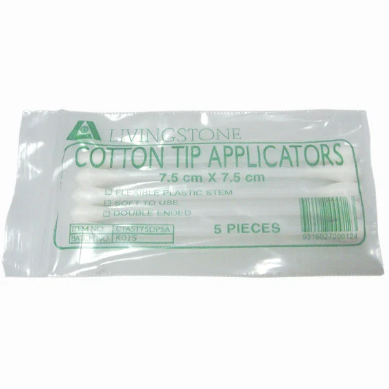 2026-03-05-69a88fc016f33.webp Cotton Tip Applicator, Double Tipped, Recyclable Plastic Stem, 7.5cm, Sterile, 5 per Pack, 300 Packs per Box - Image 1