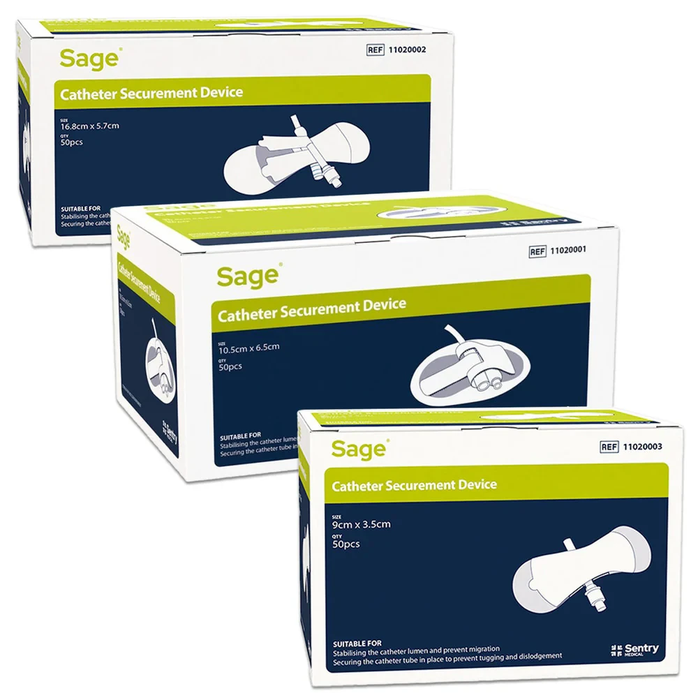 2026-03-10-69af430f4859b.webp Sage Catheter Securement Device, Box of 50 (9cm x 3.5cm - 10.5cm x 6.5cm - 16.8cm x 5.7cm) - Image 1