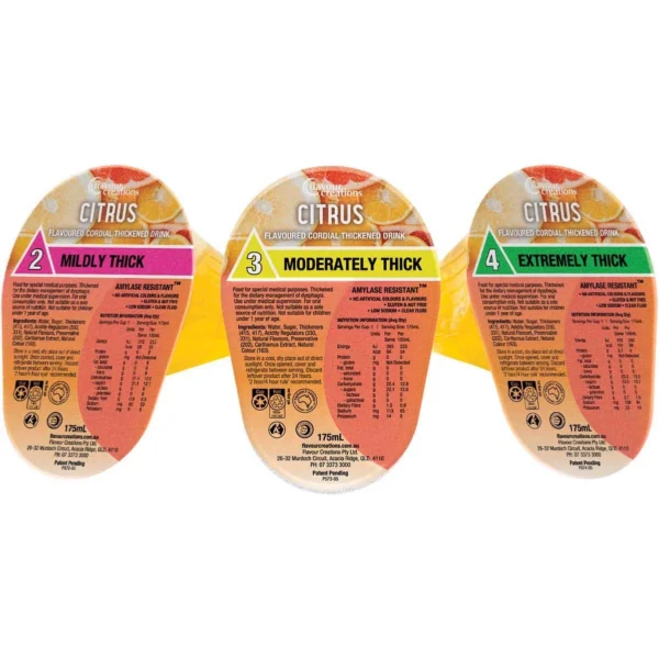 Flavour Creations Citrus Flavoured Thickened Cordial Drink, 175mL, Box of 24 - All Types