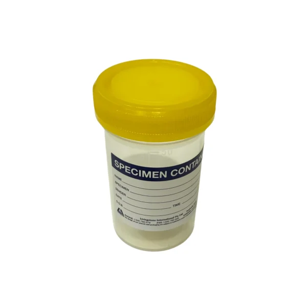 Specimen Container, Urine Jar, 70ml, Yellow PE Screw Cap, Labelled, Recyclable Polypropylene, Sterile Single Wrapped (TP5744SLN)
