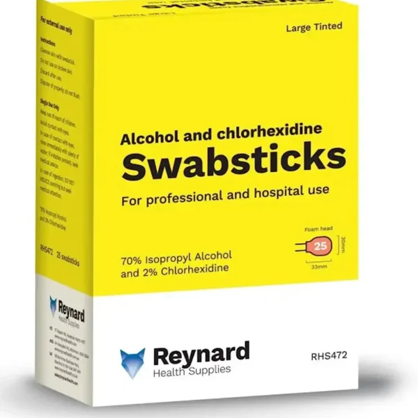 Reynard 2% Chlorhexidine & 70% Alcohol Large Swabstick, Foam Head, Red Tinted, Individually Sealed, 25sticks per Box (RHS472)