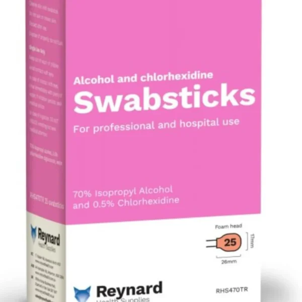 Reynard 70% Alcohol 0.5% Chlorhexidine Foam Head Antiseptic Swabstick, Red Tinted, Individually Sealed, 25sticks per Box (RHS470TR)