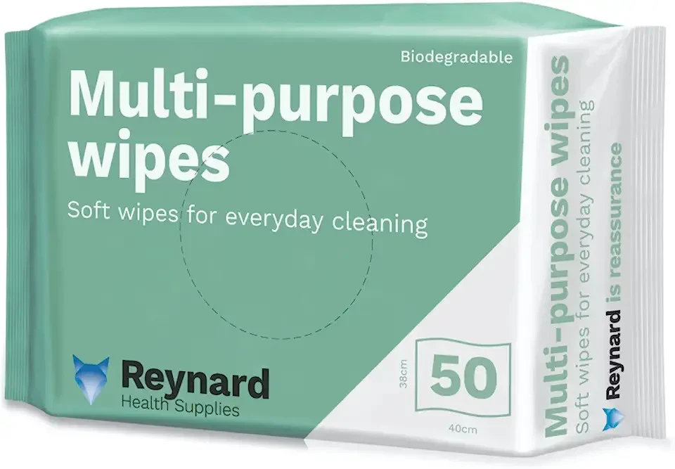 2026-03-13-69b30afef1746.webp Reynard Biodegradable Multi-Purpose Wipes, White, 38cm x 42 cm, 50wipes per Pack (RHS601) - Image 1