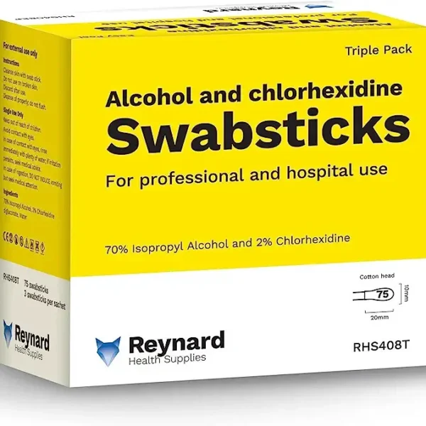 Reynard 70% Alcohol 2% Chlorhexidine Antiseptic Cotton Swabstick, Triple Pack, White (RHS408T)