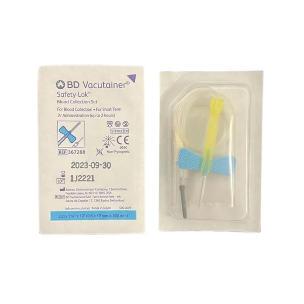 BD Vacutainer Safety-Lok Blood Collection Set, with Luer Adapter, 23 Gauge x 0.75 Inch Needle, 12 Inches Tubing, Light Blue - Box of 50