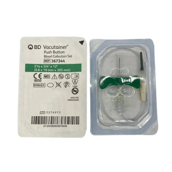 BD Vacutainer Push Button Blood Collection Set, with Luer Adapter, 21Gx 0.75" Needle, 12" Tubing, Green (367344) Box of 50